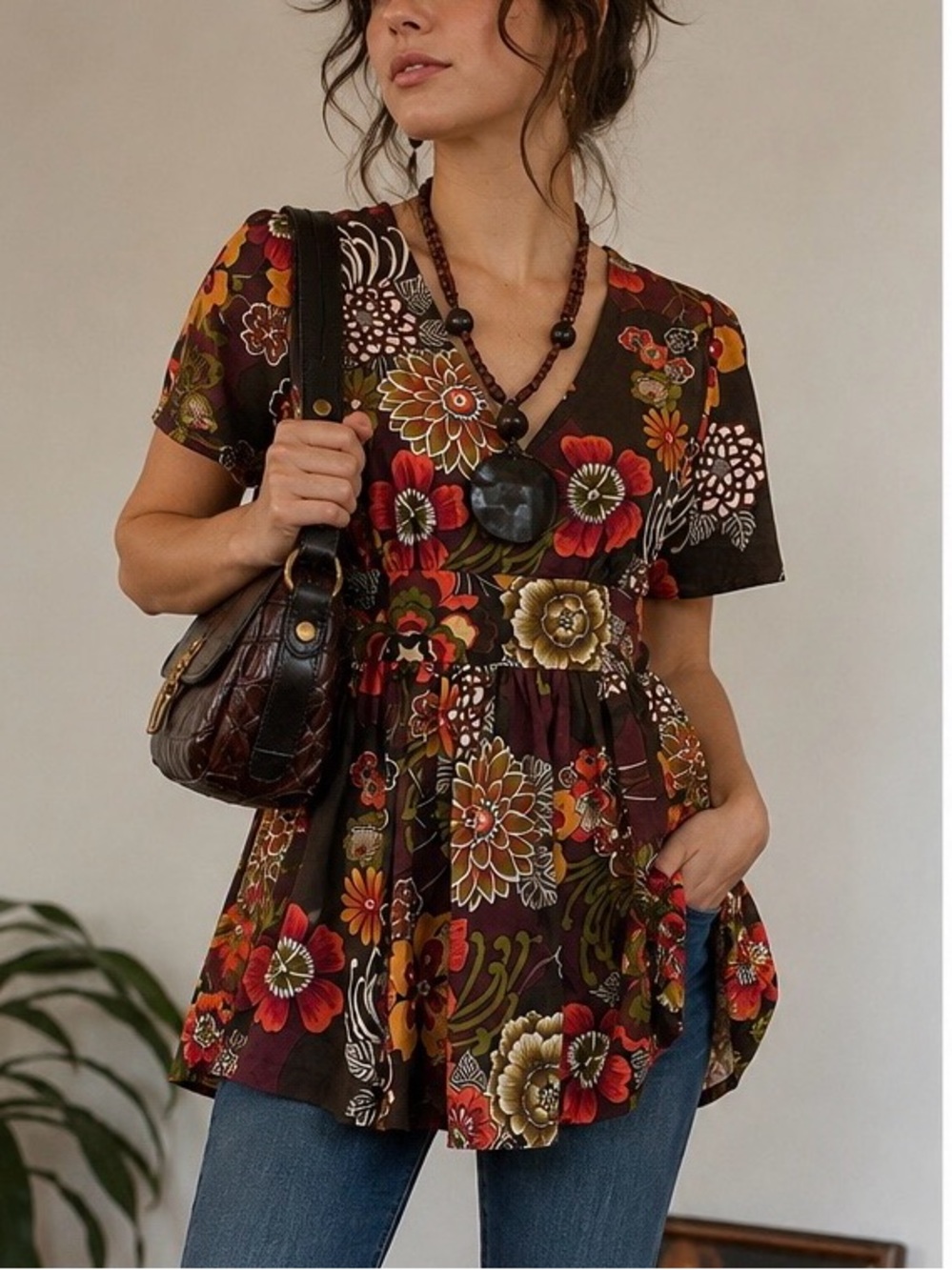 Mod Floral Babydoll Tunic 70s Style Brown Retro Boho Print Empire Waist Tie Back